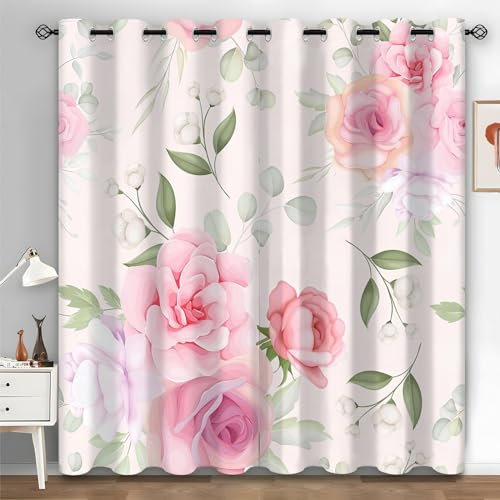 Syhi Qlty Rose Long Blackout Curtains for Bedroom, Pink And Purple Thermal Curtains & Drapes, Eyelet Soundproof Curtains 84 Inch Drop, Window Treatments for Living Room, 66 x 84 Inch(W X L), 2 Panels