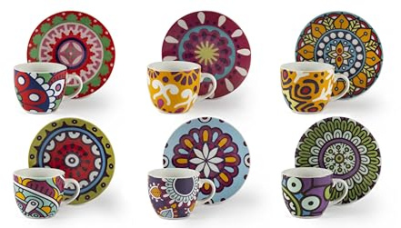 Excelsa Mandala Etno Set 6 Tazzine Caffè Espresso, Porcellana, Capacità 70 ml, Multidecoro