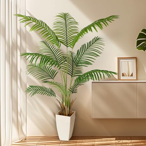 Alupssuc 5ft Artificial Palm Tree with White Planter, Tall Fake Palm Tree with Natural Trunk and Lifelike Leaves for Home Office Housewarming Gift, Artificial Silk Plant for Living Room Decor Indoor