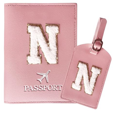 ZVRSUA Reisepasshülle Rosa und Kofferanhänger Set mit Buchstabe N, Passport Hülle Reise Gadgets und Travel Essentials Hülle Reisepass,Geschenk für Frauen/Teenager/Mädchen/Kind(N)