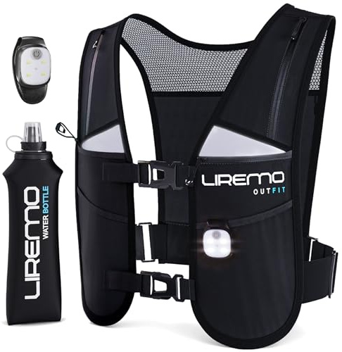 LIREMO® Running Vest for Men & Women | Lightweight Reflective Hydration Vest with 7 Pockets, Phone Holder, Breathable Mesh Back, Water Bottle, LED Light for Running, Cycling, Marathon
