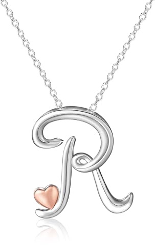 Mesovor Collar con Inicial de Plata para Mujer, Joyería Chapada en Plata de Ley | Collar Clásico con Colgante de Nombre y Letra con Corazón de Oro Rosa, Cadena de 20 Pulgadas (Letra-R)