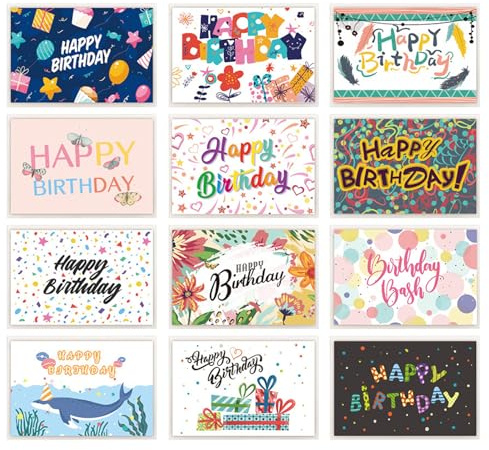 DHWEKU 12 Geburtstagskarten | Glückwunschkarten zum Geburtstag | Set 12 Klappkarten Happy Birthday inklusive Naturkuvert | Karten Geburtstag | DHWEKU Aquarell-Geburtstagskarten