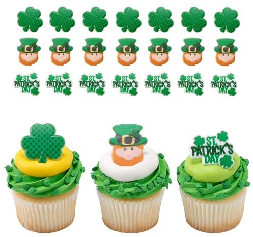 DecoPac St. Patrick's Day Rings, Cupcake Decorations, Cupcake Toppers Featuring Green Shamrock and Leprechauns, Food Safe Cake Topper – 24 Pack