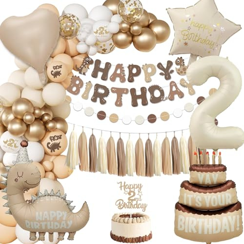 Dino Geburtstagsdeko 2 Jahre, Deko 2. Geburtstag Jungen Mädchen, Luftballon Aprikose Gold 2. Kindergeburtstag Deko Set, Happy Birthday Girlande Dinosaurier Kuchen 2 Folienballon Geburtstag Party Deko