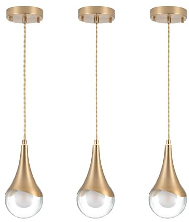 MWZ Gold Pendant Lights Kitchen Island 3 Pack, Modern Brass Raindrop Pendant Light Fixture Over Table with Clear Glass Globe Shade,Mini Teardrop Chandelier,Adjustable Cord Hanging Lighting for Sink