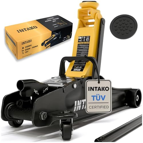 INTAKO Hydraulischer Wagenheber Flach 2,5T – Rangierwagenheber hydraulisch mit 85–380 mm Hubhöhe – für Auto & PKW – inkl. Gummiauflage