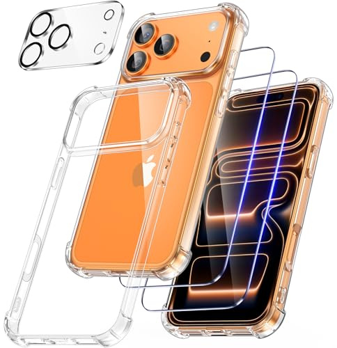 FLLAO 4 en 1 Funda para iPhone 17 Pro con 2 Protector Pantalla y 1 HD Protector Lente Cámara, [Almohadilla de Aire integrada] Antigolpes Antiarañazos Phone Carcasa 6,3 Pulgadas, Transparente