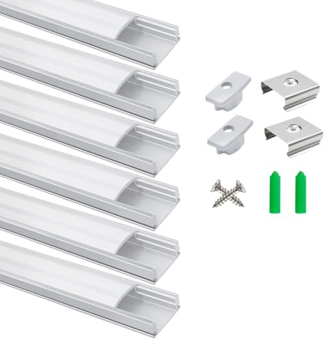 LightingWill LED Profil 6 × 1m, U-Form Aluminium Profil in Silber mit Milchweißer Abdeckung, Endkappen und Montageclips, LED-Schiene für LED-Streifen