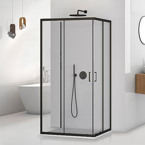 Box Doccia 3 Lati 70x120x70 Cm Con Doppia Porta Scorrevole E Lato Fisso In Vetro Temperato Trasparente – Profili Neri Moderni Linea Tay