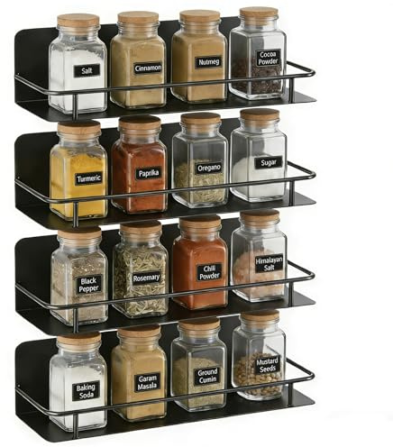 RECAPS Gewürzregal Wand 4er Set Gewürz Organizer Ohne Bohren | Gewürzhalter Hängend aus Metall mit 8 Selbstklebende für Gewürzdosen, Küchenschrank, Speisekammertür