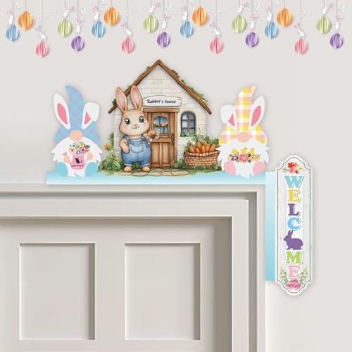 GZWY Türrahmen Deko Ostern, Osterdeko Holz Osterhase Türrahmen Türdeko Ostern Deko Ostereier Osterdeko Tür Türschild Deko Osterhase Ostereier Holzrahmen Eckdekoration Holz für Tür, Fenster, Kamin (E)