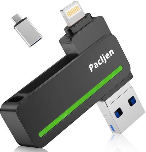USB Stick für iPhone 256GB,[MFi Zertifiziert] Pacljen 3 in 1 Pen Drive USB mit Lightning und USB C,Externer Speicher für schnelle Backup Kompatibel mit iPhone/iPad/Android/Mac/PC(256GB,Schwarz)