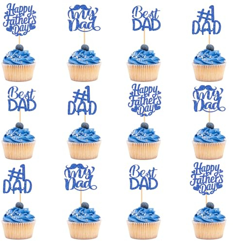 12 PCS Father's Day Cupcake Toppers, Blue Happy Father's Day Cupcake Toppers with Glitter Crown Hat Moustache, Fathers Days Decoration, Fathers Party Cake Decorations Supplies, for Fathers Days