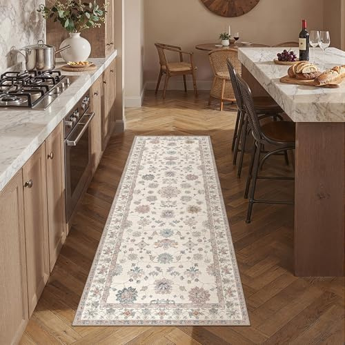 PureCozy Vintage Läufer Flur Teppich 60x180cm Beige Waschbar Teppichläufer