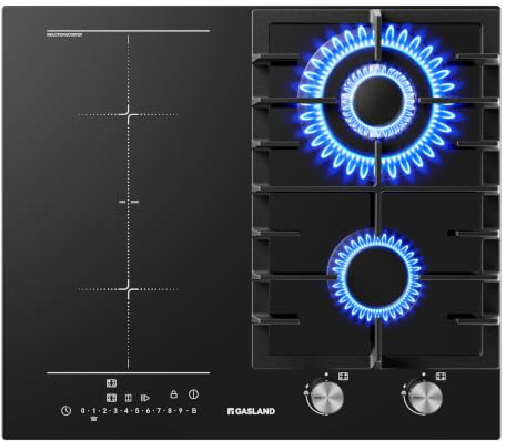 GASLAND GIH604BF Piano cottura a gas e induzione, piano cottura combinato da 60 cm, piano da incasso in vetro nero, gas 5200 W con bruciatore wok, induzione 3500 W, funzione BBQ