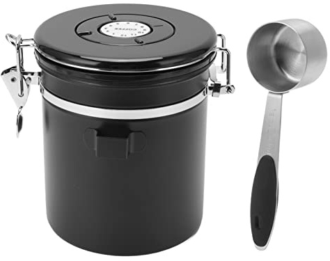 Yosoo Health Gear Förvaring Av Kaffebönor Kaffebehållare i Rostfritt Stål med Skopa och Datumspårlock Envägs CO2-ventil Lufttät Behållare Kaffe för Hemköksespressoälskare (Svart)