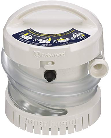 Attwood 4140-4 WaterBuster® Portable Pump, Submersible, Battery Powered, 200 GPH, 42-Inch Hose, 5 ¼-Inch Diameter