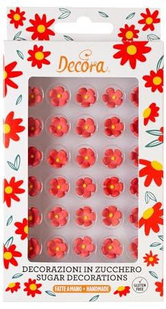 DECORA, 0500335 Rote Zuckerblumen, Von Hand gefertigt mit natürlichen Farbstoffen, Verpackt in Blister, Ideal zum Verzieren von Torten und Gebäck, Packung mit 30 Stück.