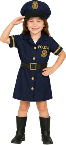 FIESTAS GUIRCA | Kinder Polizei Kostüm Mädchen (5-6 Jahre) – Kleid, Gürtel und Mütze – Polizeiuniform für Karneval, Mottopartys, Geburtstage und Halloween – Mädchen – Blau Gold
