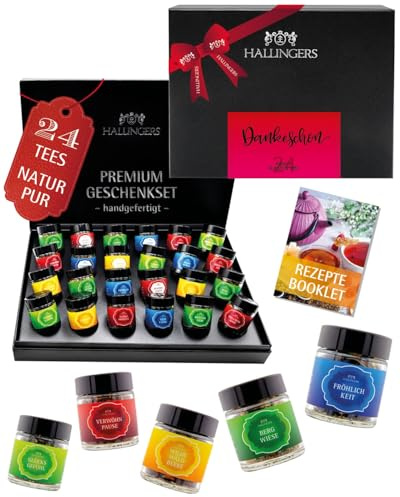 Hallingers Genuss Manufaktur Tee Dankeschön-Geschenk-Set - 24 Sorten premium loser Tee Probierset in edler Geschenkbox mit Rezept-Booklet Dankeschön, Geschenkidee für Frauen Männer