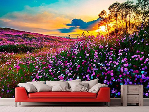 Fotomural Vinilo para Pared Atardecer Campo de Flores | Fotomural para Paredes | Mural | Vinilo Decorativo | Varias Medidas 350 x 250 cm | Decoración comedores, Salones, Habitaciones.