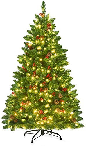 RELAX4LIFE Weihnachtsbaum Künstlich mit Beleuchtung, Christbaum mit 300 LEDs in warmweiß, Tannenbaum mit Tannenzapfen & rote Beeren, PVC, Schnellaufbau Klappsystem, inkl. Metallständer, grün (135 cm)