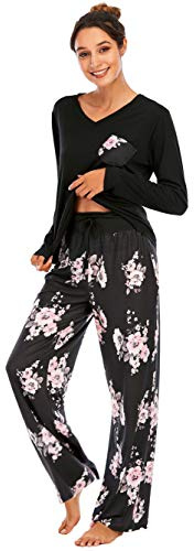 Famulily Pigiama comodo da donna, set pigiama da donna con stampa floreale, a maniche lunghe, abbigliamento da casa e pantaloni a gamba larga, set morbido da notte, Nero , M