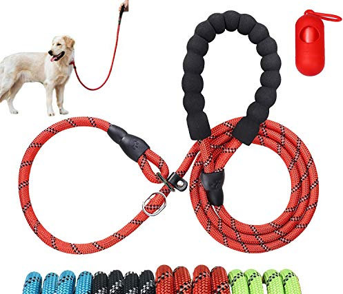 Moonpet Hundeleine Retrieverleine mit zugstopp Moxonleine Dauerhafte Weiche Reflektierende mit Halsband Einstellbar Leinen für Mittlere und Große Hunde,180 cm Rot
