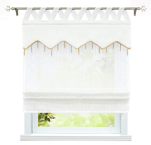 ESLIR Raffrollo mit Schlaufen Raffgardinen Transparent Küche Gardinen Landhausstil Schlaufenrollo Leinen Weiß BxH 140x140cm 1 Stück