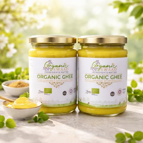 Organic Swaad English Ayurvedic Clarified Ghee, 2 x 450g = 900g | Organic Certified, Grass Fed Cows, Great Taste 2020 Winner
