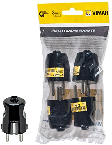 Vimar FP00230 Spina SCHUKO 2P+T 16 A 250 V~ 4 pezzi, standard tedesco, uscita cavo assiale, nero