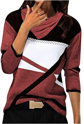 Masrin Pullover Damen Lässige kontrastfarbene gestreifte Steppnähte Langarm Pulli Tops mit Schalkragen Herbst Winter Kaschmir Sweatshirt mit Taschen Baggy Bequeme Tunika Bluse Langarmshirts