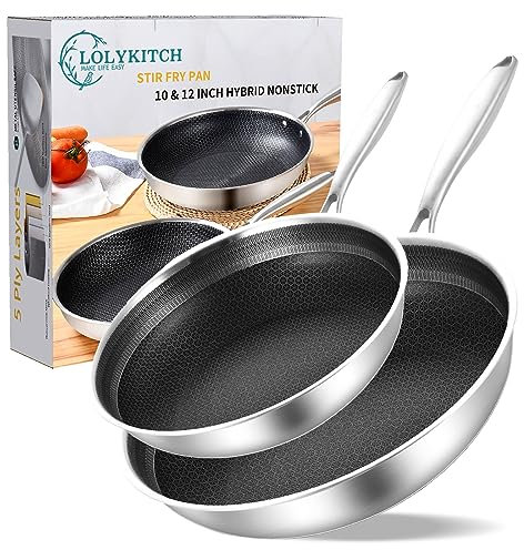 LOLYKITCH 10-12 Inch Hybrid Tri-Ply Stainless Steel Nonstick Chef's Frying Pan Set,Skillets,Induction Cooking Pan,Oven & Dishwasher Safe.