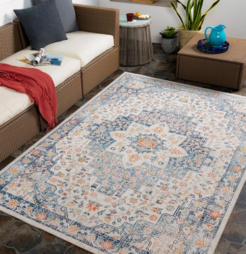 Livabliss Assa Outdoor Teppich wetterfest - In und Outdoor Teppich für Balkon 160x213 cm, Terrasse, Garten, Küche - Teppiche Boho Style für draußen - Blau, Beige, Rost | Blau, Beige