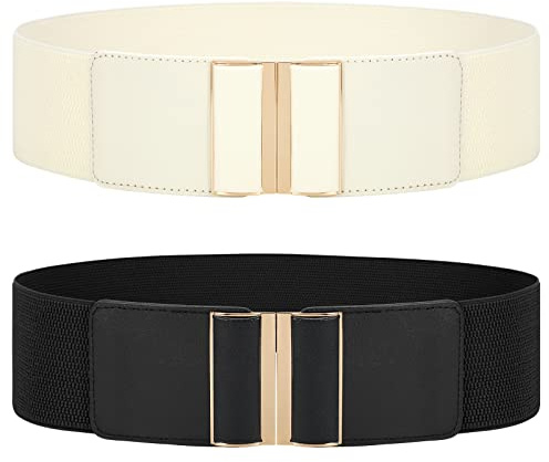 WERFORU 2 Stück Damen elastischer Gürtel für Kleider Vintage dehnbarer breiter Taillengürtel Schwarz/Beige