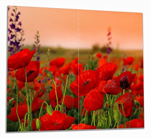 Wallario Herdabdeckplatte/Spritzschutz aus Glas, 2-teilig, 60x52cm mit 8mm hohen Füßen, für Ceran- und Induktionsherde, Mohnblumen auf dem Feld