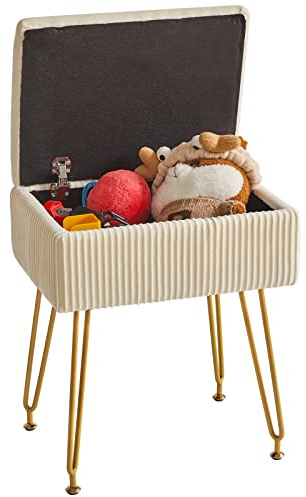 YMYNY Poggiapied, Sgabello Contenitore, Pouf Sgabello Ottoman, Sgabello Velluto, Piedini in Metallo Dorato, per Casa Soggiorno, Camerino, Camera da Letto, Beige 40×29.5×48CM HBD024M