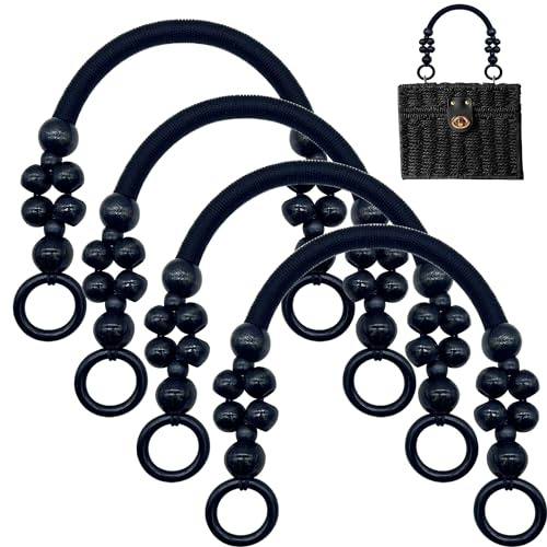 Yayatty Holzperlen Taschengriff, 4 Stück Schwarz Henkel für Taschen, Nylonseil Handtasche Riemen U-Form Tasche Griff Ersatz für Umhängetasche Strandtasche DIY Custom Handtasche