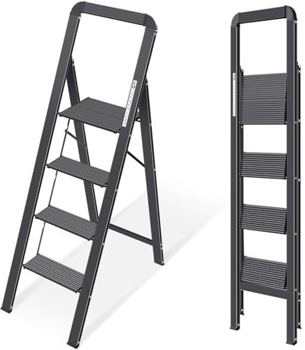 KINGRACK Leiter Aluminium, Trittleiter 4 stufen klappbar, leiter 4 stufen mit Handlauf, rutschfeste Haushaltsleiter mit Klappsicherung, Aluleiter Belastbar bis 150 kg,für Zuhause, Büro, Garten,Schwarz