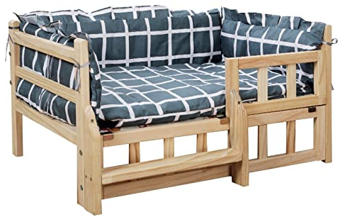 Hundebett Grau Kariertes Hochbett für Hunde mit Matratze ＆ Kissen, Große Orthopädische Relief-Haustiercouch aus Holz mit Zaun, für Zuhause, Outdoor, Hof (Color : Style3, Size : XL112x64x38cm/44x25x1