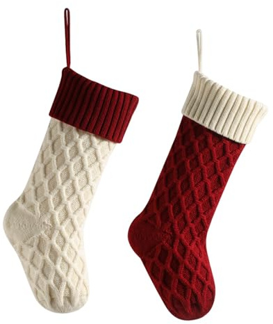 Hixingo Weihnachtsstrumpf Personalisiert 2er, 46cm Große Klassische Gestrickt Einfarbig Nikolausstrumpf, Weihnachtssocken zum Aufhängen und Befüllen Kamin Weihnachtsbaum Deko (weiß Rot)