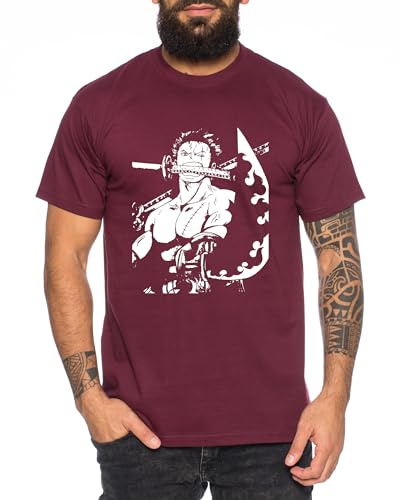 Zoro Sword - Herren T-Shirt Straw Hat Luffy Zoro One Monkey D. Pirat Ace Piece Goku Anime Ruffy, Größe:L, Farbe:Weinrot