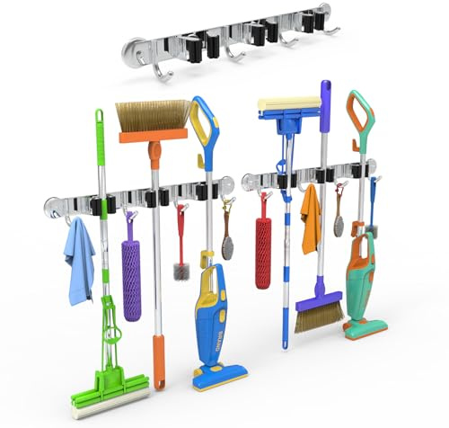 3-H Besenhalterung Wand, 2-in-1 Dual Montage(Stabile Schraubmontage oder Wandschonende Magnetbefestigung), Edelstahl Gerätehalter Wandhalterung für Badezimmer Garten Garage (3 Halter & 4 Haken,Silber)