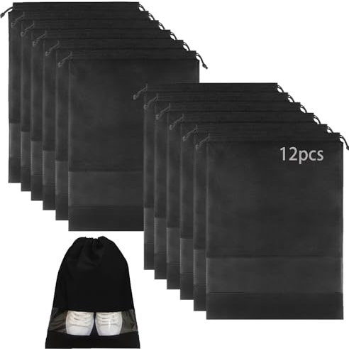 12pcs Non-Woven Schuh Taschen für Reise 32x44 cm Tragbare Schuh Taschen mit klarem Fenster, große Kordelzug Staubdichte Reise Schuh Aufbewahrungstasche für Männer und Frauen, schwarz,XL