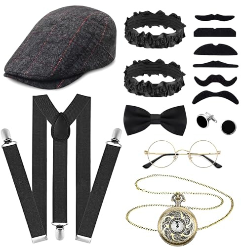 1920-talet Gatsby kostym-tillbehörsset, 20-tals kostymset för vuxna män med hatt, fluga, fickur, hängslen, glasögon för cosplay festtillbehör att klä på sig