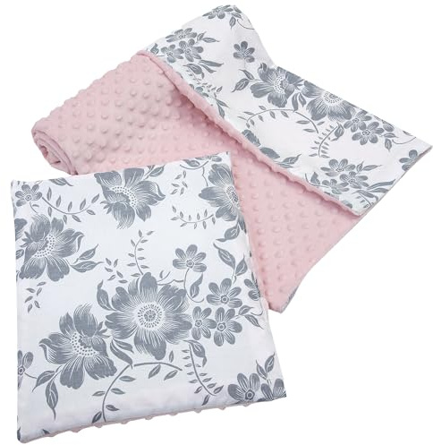 Medi Partners Babyfilt krypfilt med kudde 100% bomull minky barnfilt stor dubbelsidig 75 x 100 + 35 x 30 cm multifunktionell för säng barnvagn (bär med rosa minky)