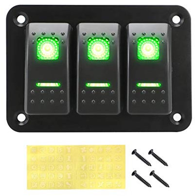MUEOSI Auto Marine Circuit Breaker 3 Gang Wippschalter Panel, for EIN AUS Lichter Mit Symbol Aufkleber DC 12V 24V Auto Zubehör elektrische Schalttafel(Green)