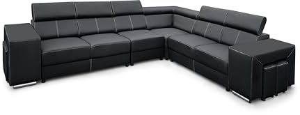 All4All Ecksofa mit Schlaffunktion Passion - Sofa mit Bettkasten - Schlafsofa 334 cm x 264 cm - Wohnlandschaft L-Form - mit 4 Sitzhockern - Schwarz - Farbe wählbar - Kunstleder - Seite rechts 19