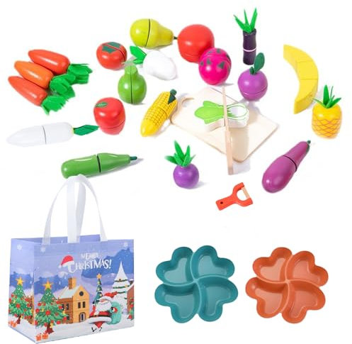 Wooden Play Food - 20 PCS Food Toys Cutting Play Food Sets for Children, Wooden Food for Play Kitchen, Toddler Kitchen Accessories, Pretend Role-Play Toy for Boys and Girls Ages 2-5